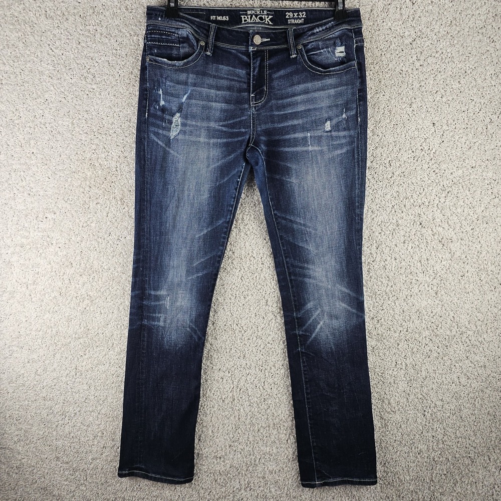 Buckle Black Fit No.53 Straight Jeans Women's 29 (32)x32 Distressed Whiskering